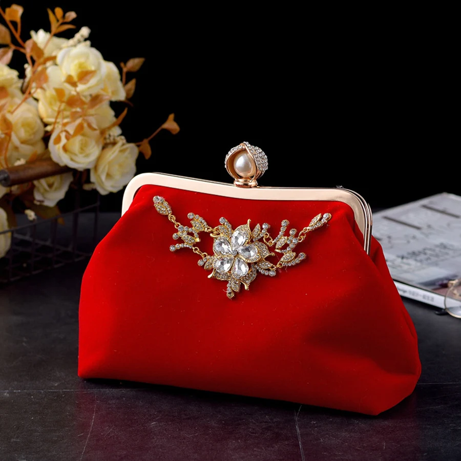 Women Fleece Fabric Diamond Pearl Evening Bags Vintage Crystal Velvet Evening Bag Flower Wedding Party Bride Clutch Velvet Purse