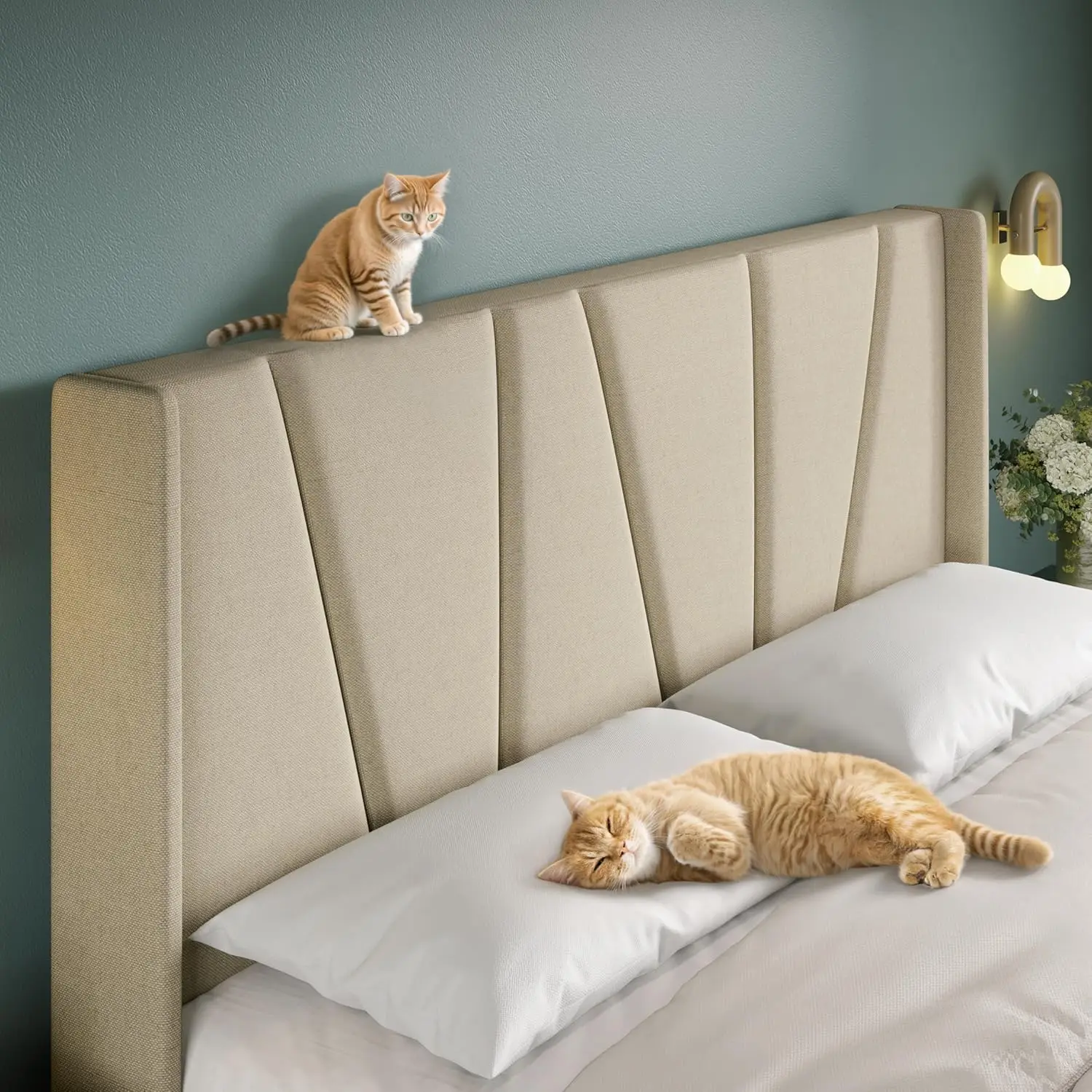 Allewie Queensize platformbedframe met geometrisch achterhoofdeinde, modern gestoffeerd bed met houten lattenbodem, nr