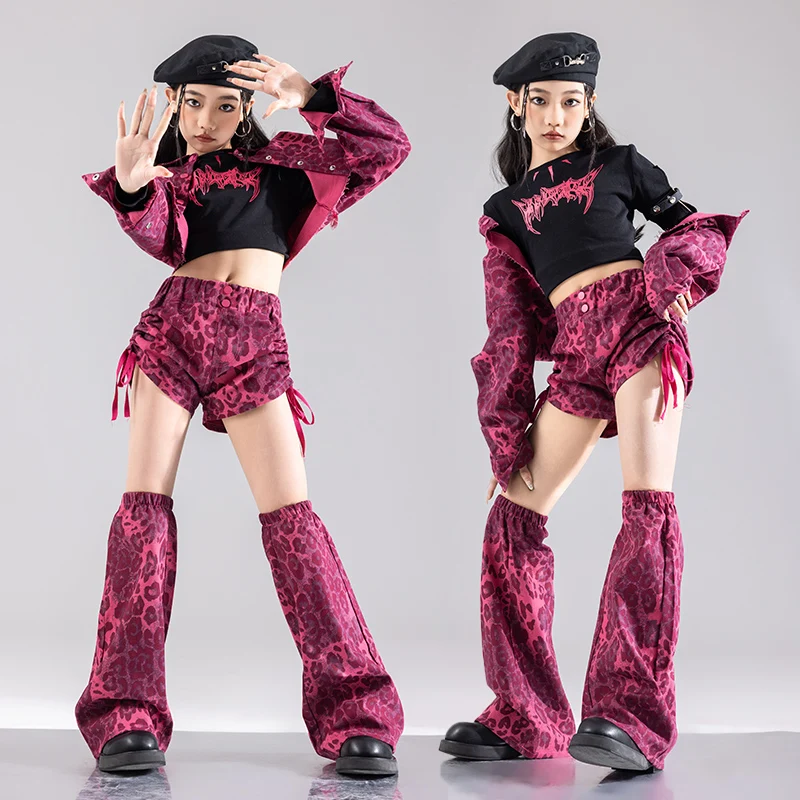 Kids Hip Hop Tops leopard pattern Streetwear Dance Cargo Pants Girls Perforamance Suit Children Jazz Costumes K-pop Clothes Set