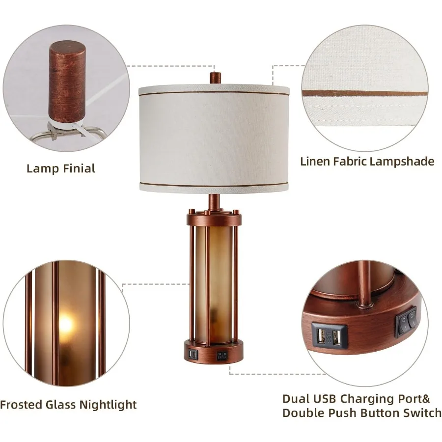 Ensemble de 2 lampes de Table de ferme pour salon, lampes de chevet rustiques avec 2 Ports de chargement USB, lampe de chevet pour chambre à coucher avec Ambe