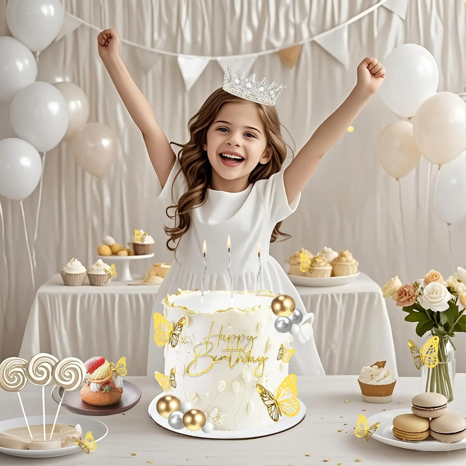 Kronen-Kuchenaufsatz, Kugeln, alles Gute zum Geburtstag, Kuchenaufsätze mit Kerzen, goldene Schmetterlinge, Kuchendekorationen für Hochzeit, Babyparty, Party – Detail 16