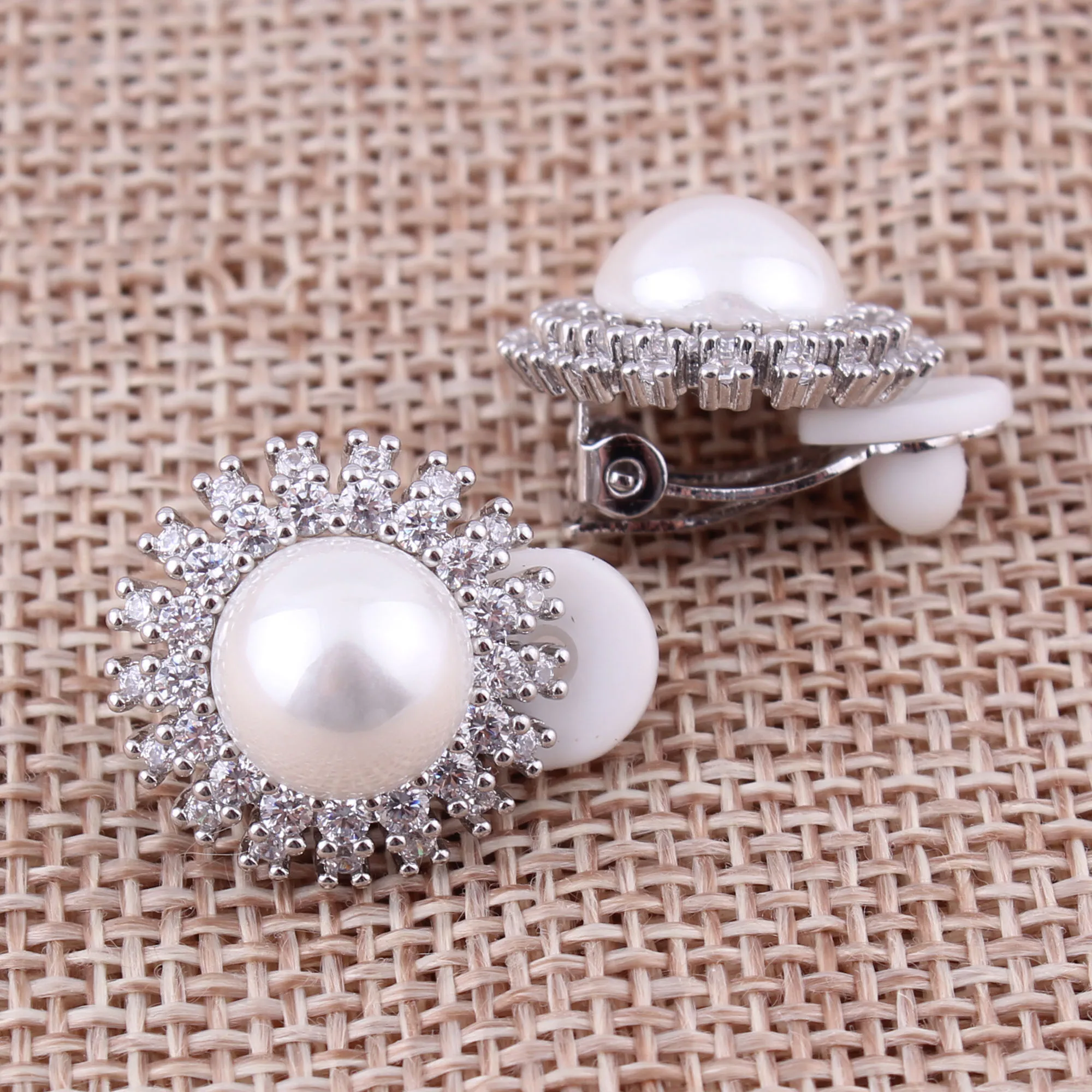 GRACE JUN New Arrival Gold Color Round Shape Pearl Cubic Zircon Clip on Earrings for Women Fashion Silver Plated Cuff Ear Clip