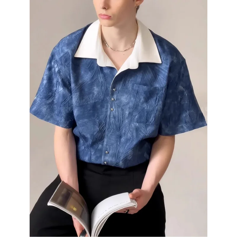 

Летняя новинка: корейская модная компрессионная рубашка с коротким рукавом, ретро-стиль, универсальная, популярная, с отложным воротником, для мужчин