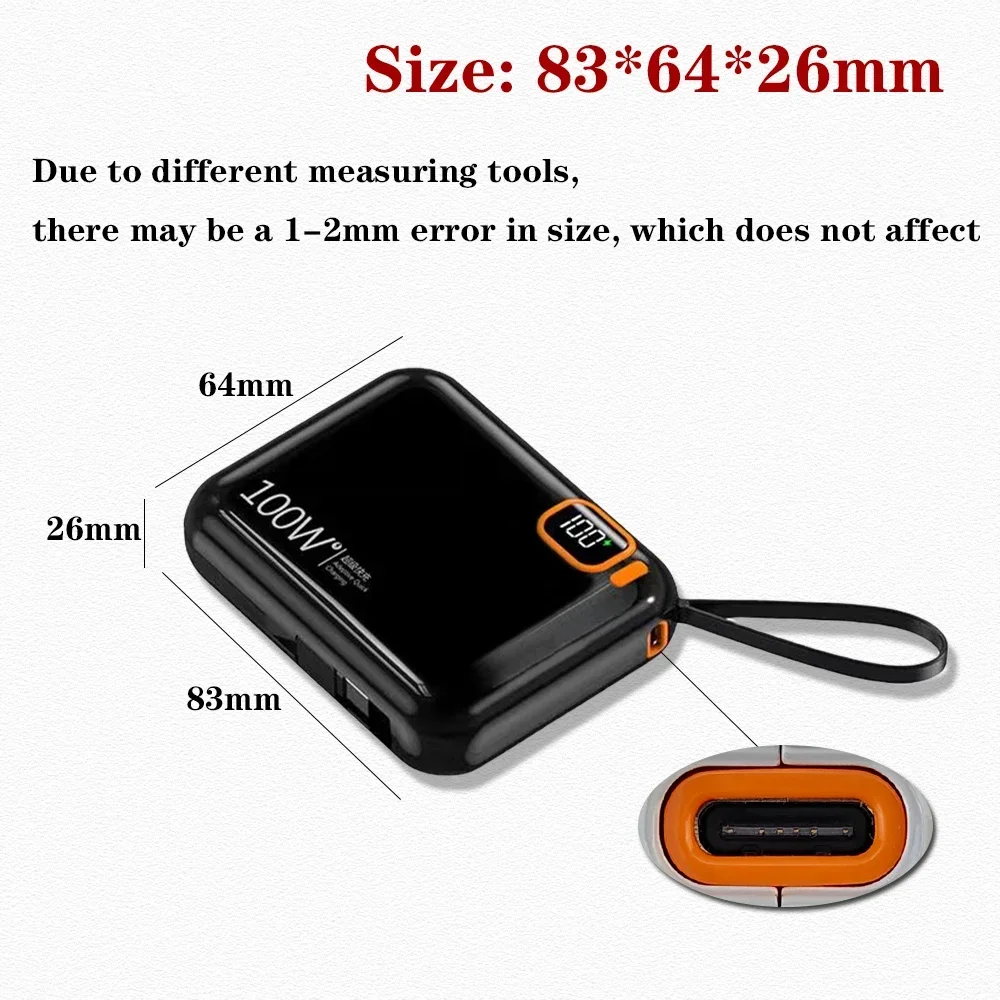 แบตสำรองพกพา100W 20000mAh สายเคเบิ้ลความจุสูงชาร์จเร็วสองทางมินิพาวเวอร์แบงค์สำหรับ iPhone Samsung ใหม่