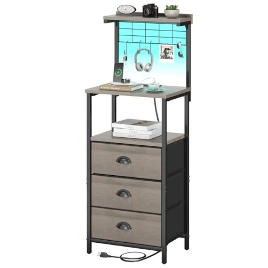 

Tall Bedside Nightstand with LED Lighting Charging Station - Grey PU Fabric Drawers Hooks USB/Type-C Ports Open Shelves for Bed