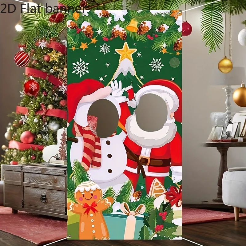 One piece of 2D flat banner, Patimate hollow frame Christmas photo booth background, with silhouette of Santa Claus