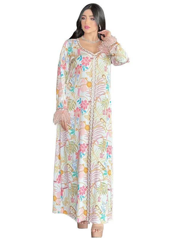 Ramadan Kaftan Dubai Luxury Diamonds Long Dresses Floral Print V-Neck Lace Tape Elegant Casual Party Dress Muslim Women Clothing