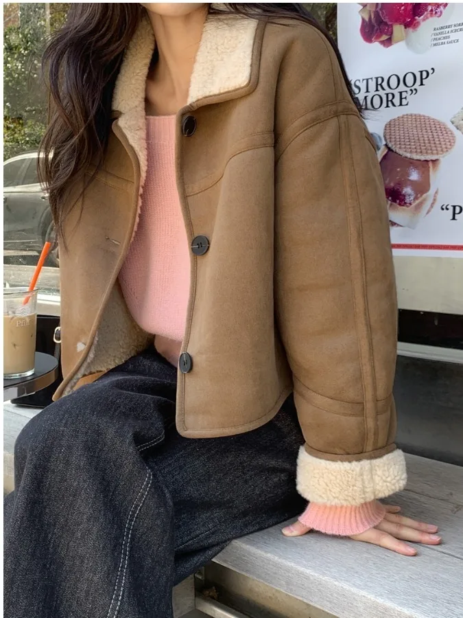 

Chic Winter Vintage Mink Faion Turn-down Collar Single Button Lamb Fur ort Inteated Outerwear Women Korean Sle Straig...