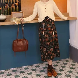 Star River Dream Harbor Style Retro Floral Half Skirt High Waist Women's Versatile Printed Skirt New Long Skirt