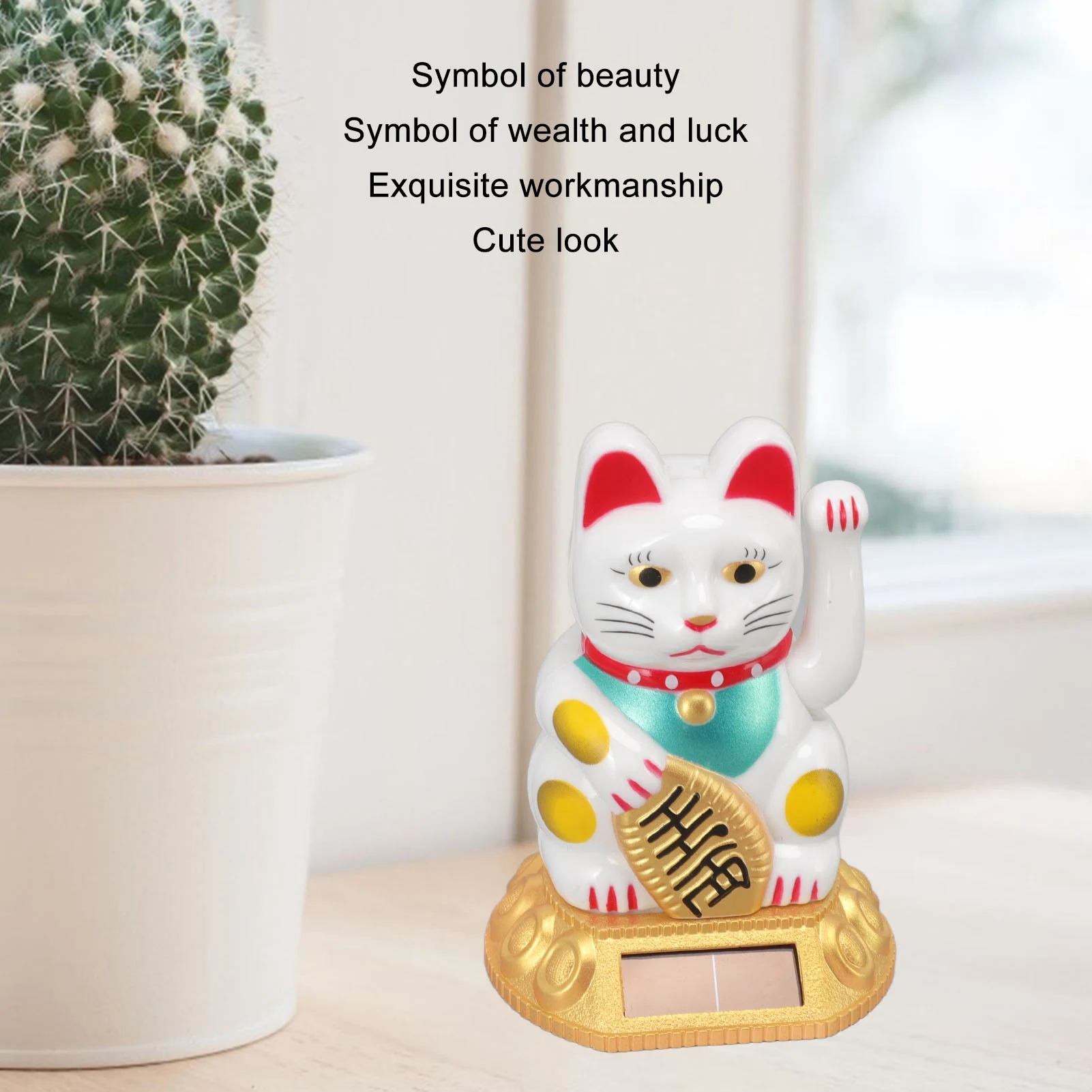 Chinese Lucky Cat Decoração Estatueta, Ouro Branco Acenando Braço Luz Solar, Indução Animal Estátua, Casa e Carro Ornamentos