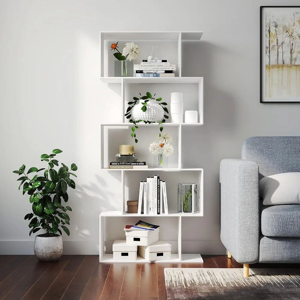 Bookshelf 5-Tier, Geometric Bookcase S Shaped Book Shelves for Bedroom, Modern Wood Decorative Display Shelf Book Case for Home