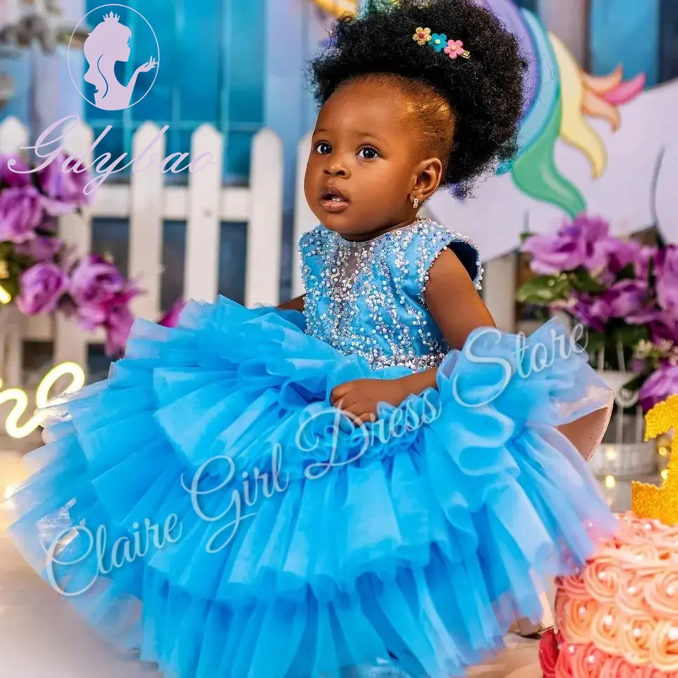 Vestidos de niña de flores azul cielo personalizados para boda, encaje, tul, lentejuelas, perlas, fiesta de cumpleaños para niños, vestido de primera comunión