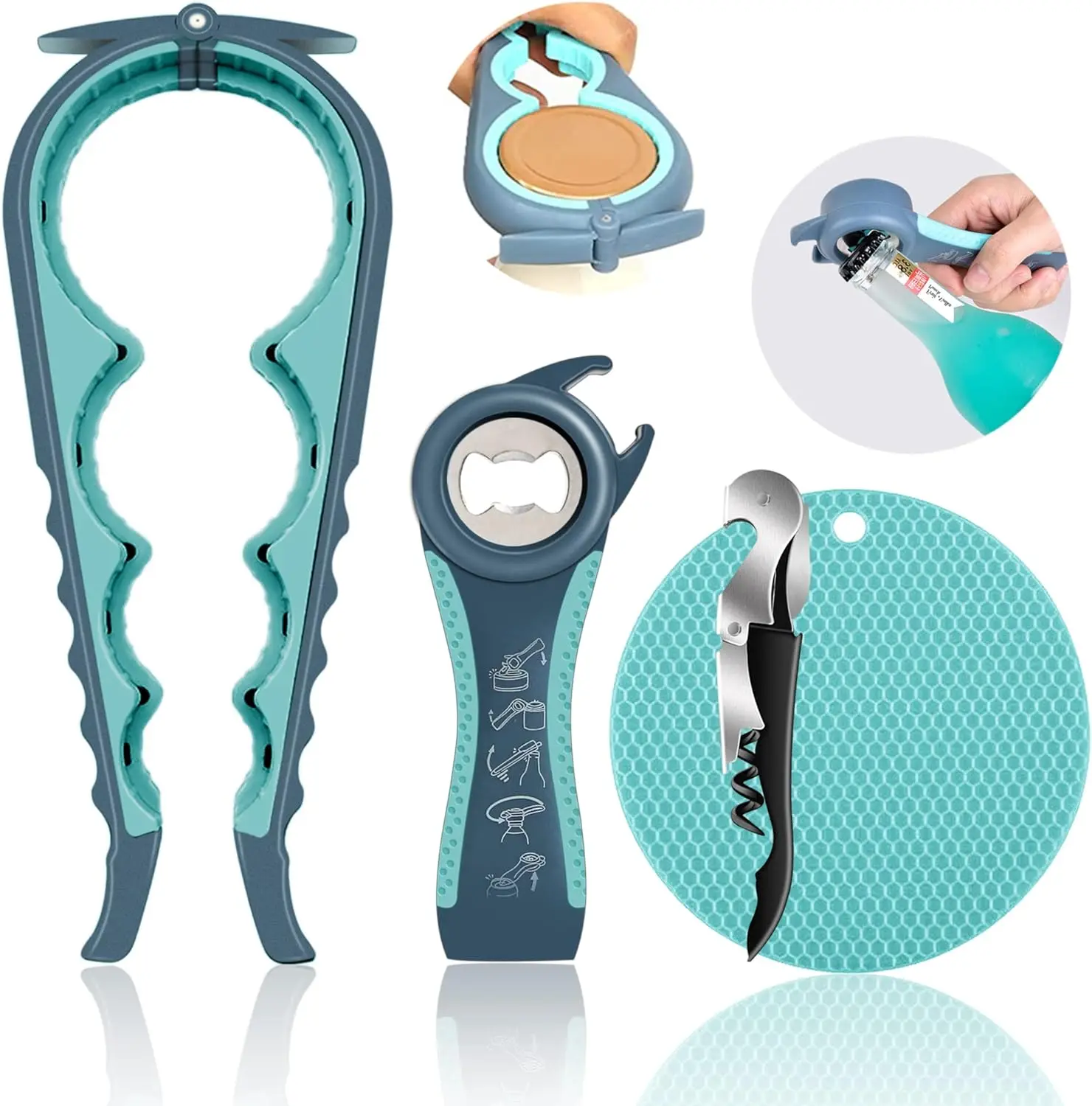 4 in 1 Multi-function Jar Opener Set Kitchen Gadget Beer Bottle Opener Non-slip Can Lid Remover Nut Cracker Household Tools