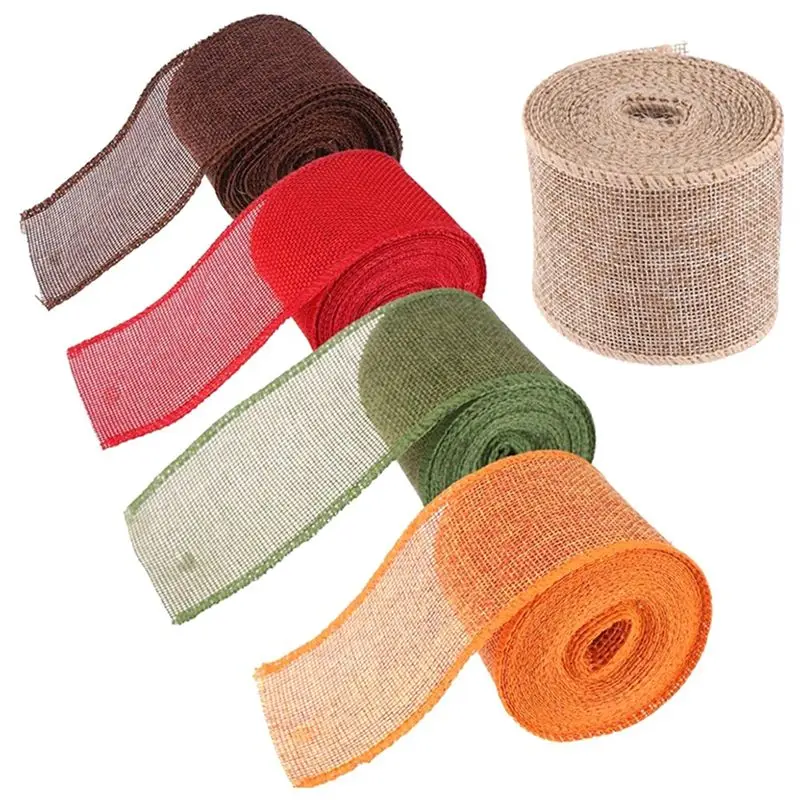 AS60-5 Rolls Of Christmas Ribbon Wired For Gift Handmade DIY Ribbon Wrapping Colored Woven Linen Rrolls Christmas Ribbon Decorat