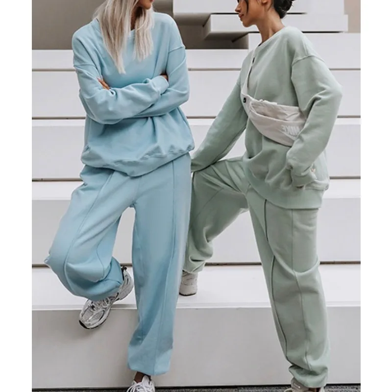 Krisnanas conjuntos de pantalones para mujer 2025 Otoño Invierno algodón sólido cuello redondo sudadera pantalones sueltos Casual nuevo en conjuntos a juego 88960