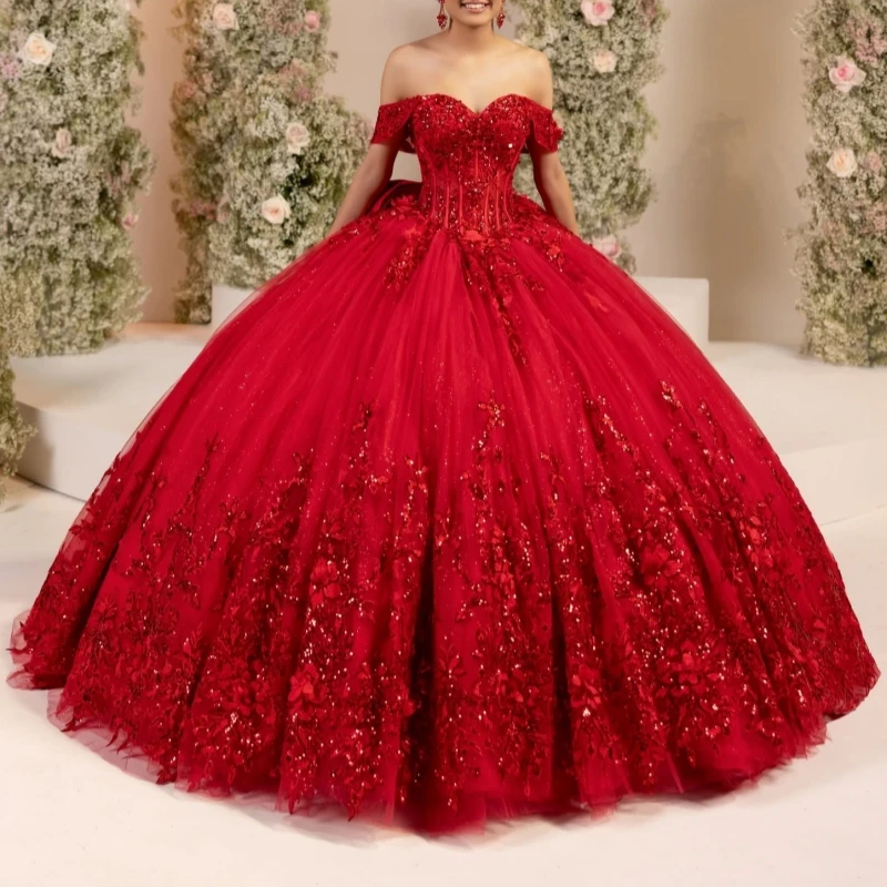 

Красное блестящее платье Quinceanera, бальное платье с открытыми плечами, аппликация, цветок, бисер, хрустальный бант, тюлевой корсет, милое платье 16, Vestidos