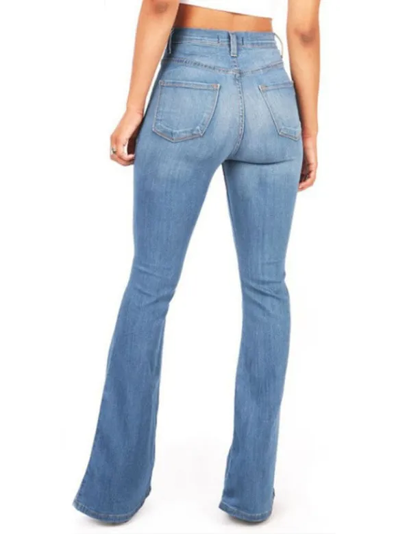 Celana Jeans Wanita High Waist Slim Fit Flare Panjang Bahan Denim Kasual Tahan Aus Kain Polyester Micro Flare