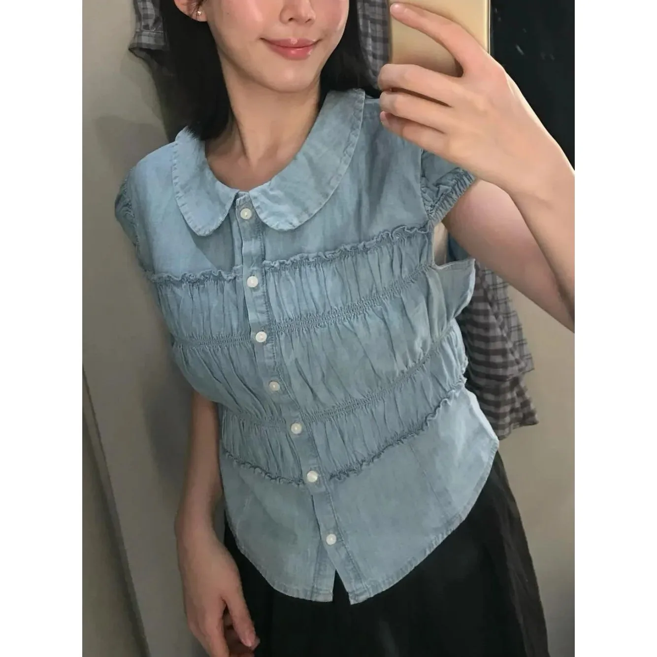 

Versatile Stylish Women's Puff Pleated Collar Shirt Clean Fit Poly Fabric A-Line Sleeve Non-Shrinkage Summer New Arrival