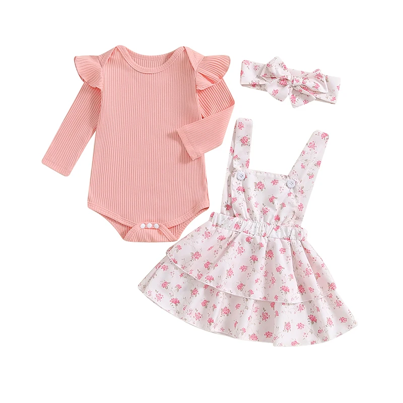 Baby Girl Fall Outfits Solid Color Ribbed Knit Romper Floral Print Ruffles Suspender Skirt Headband 3Pcs Clothes Set