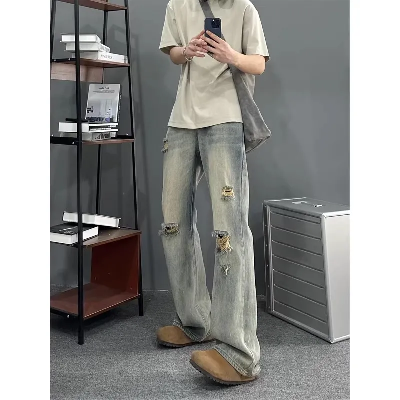 

Мужские джинсы в стиле ретро, свободного кроя, прямые, рваные, из денима, осенние, молодежные, универсальные, повседневные, длинные брюки