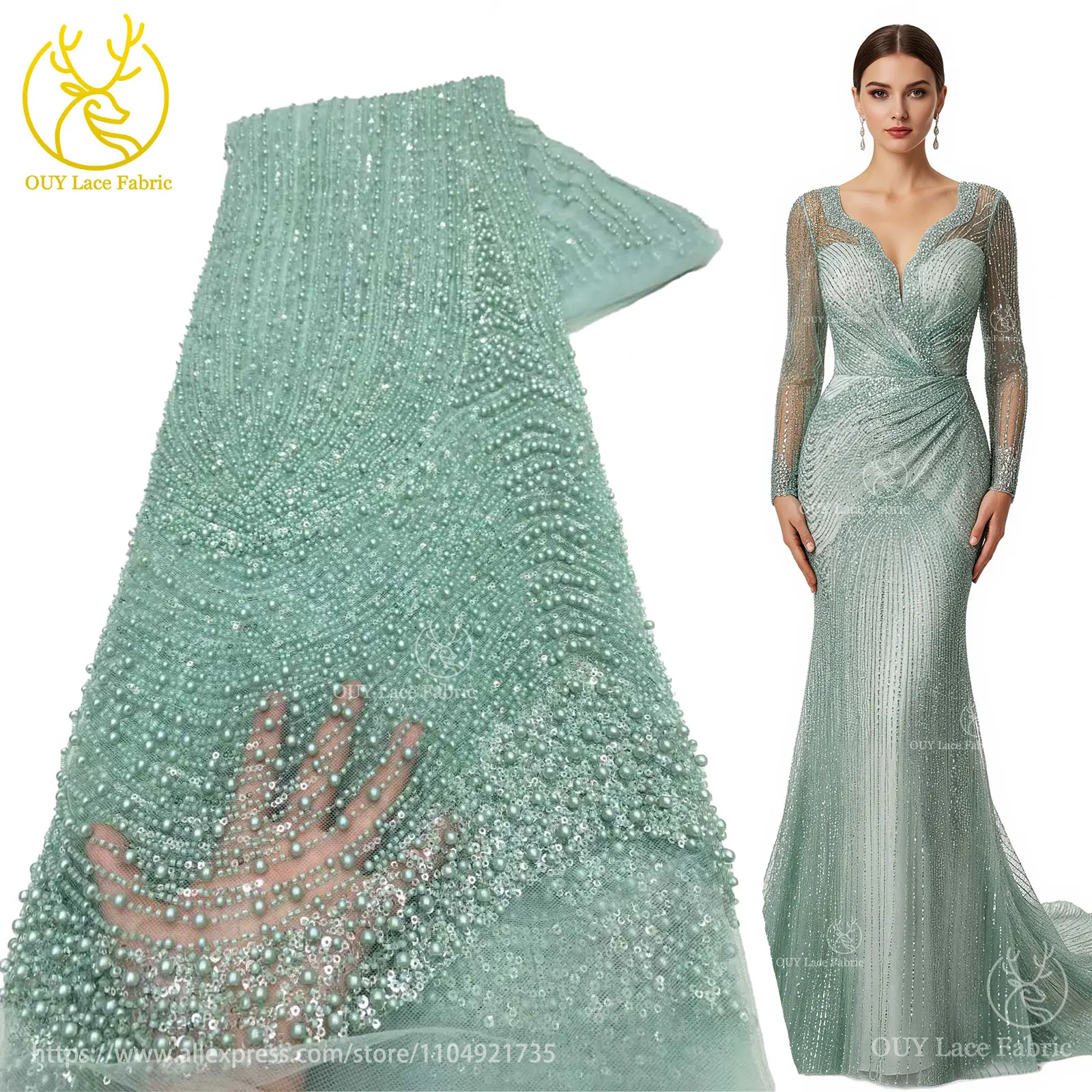 

Newest African Heavy Beaded Lace Fabric 5 Yards High Quality Luxury French Sequins Embroidery Bridal Wedding Lace Fabrics