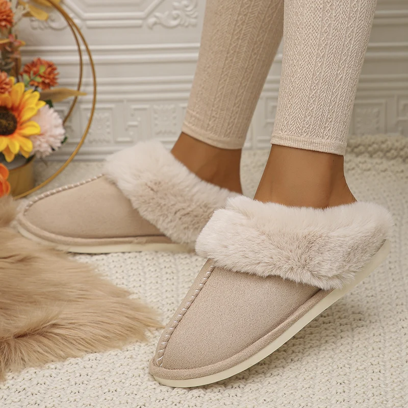 Rimocy Winter Warm Plush Slippers for Women Closed Toe Faux Fur Couple Cotton Shoes Woman 2024 Lightweight Flat Mules Shoes