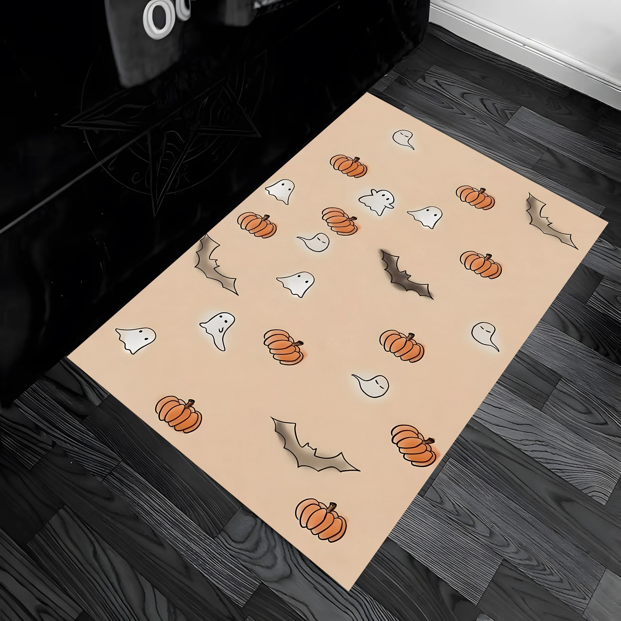 Velvet Pumpkin Ghost Bat Cute Halloween 2D Rug for Living Room and Bedroom, Autumn/Winter Warm
