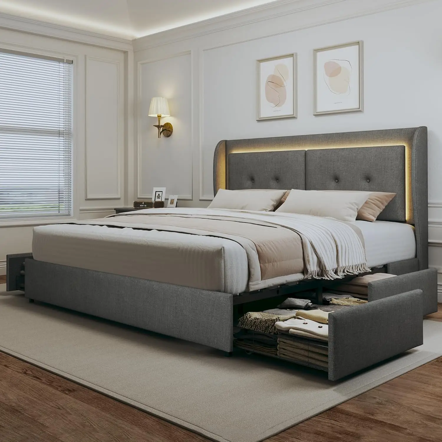 =King Size Bed Frame with Storage Drawers LED King Bed Frame and Wingback Headboard Upholstered Platform Bed Frame with