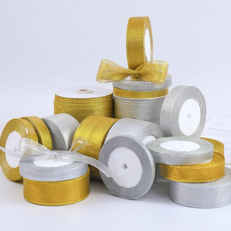 25 size mesh gold and silver ribbons flower decorations bouquet ties birthday cake packaging ribbons DIY gift ribbons