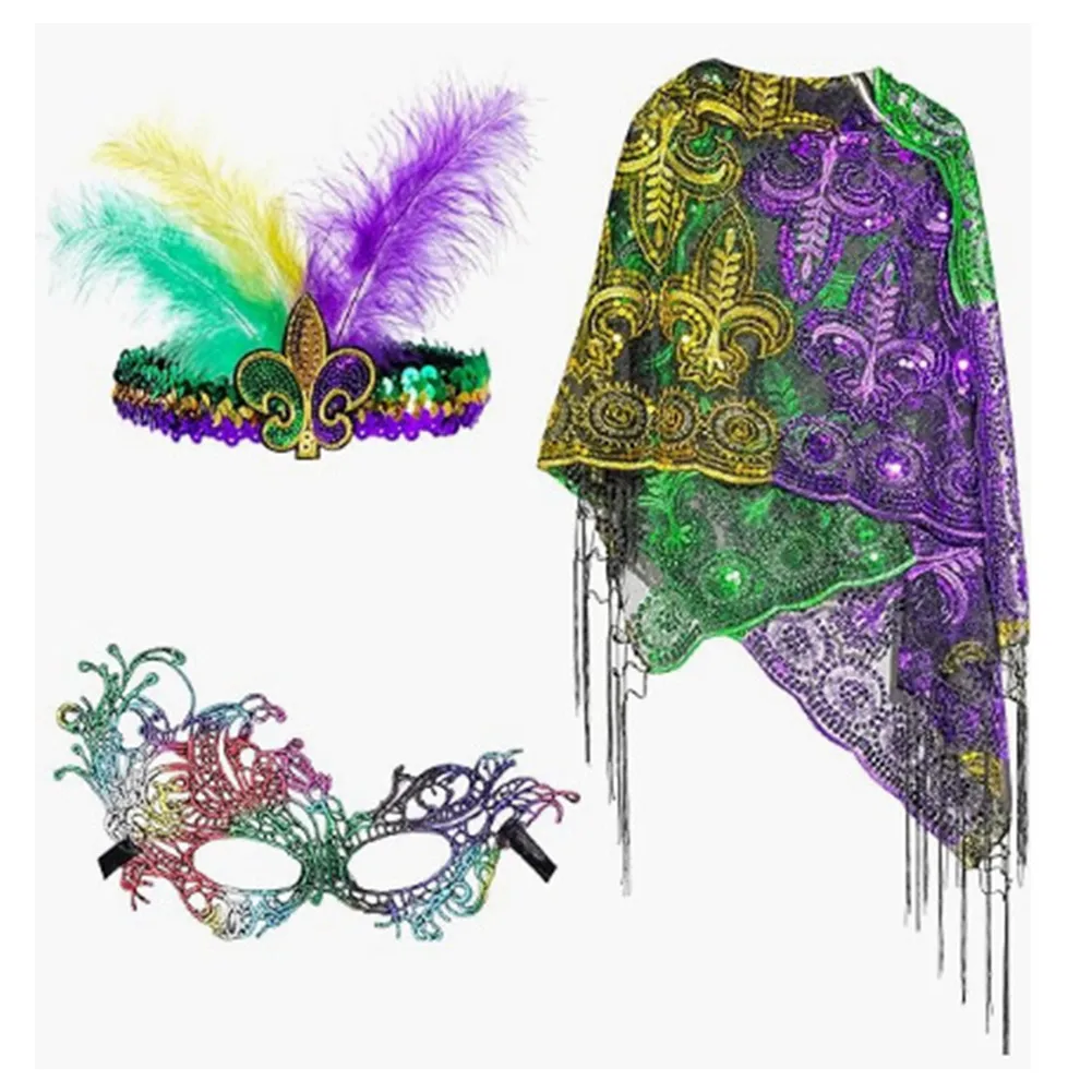 

Adult Women 3Pcs/Set Sequin Mask Feather Headband Mardi Gras Cosplay Cape Masks Helmet Masquerade Halloween Party Costume Props