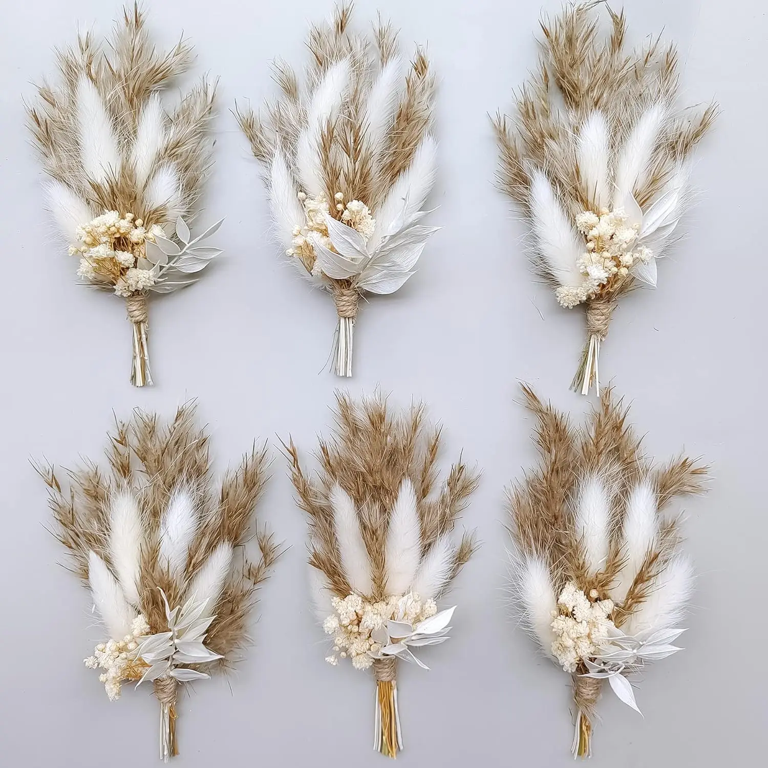 Mini Dried Flower Bouquet Set of 6, Boho Wedding Boutonniere for Men,Table Centerpieces, Dry Pampas Grass,Birthday Cake Flowers,