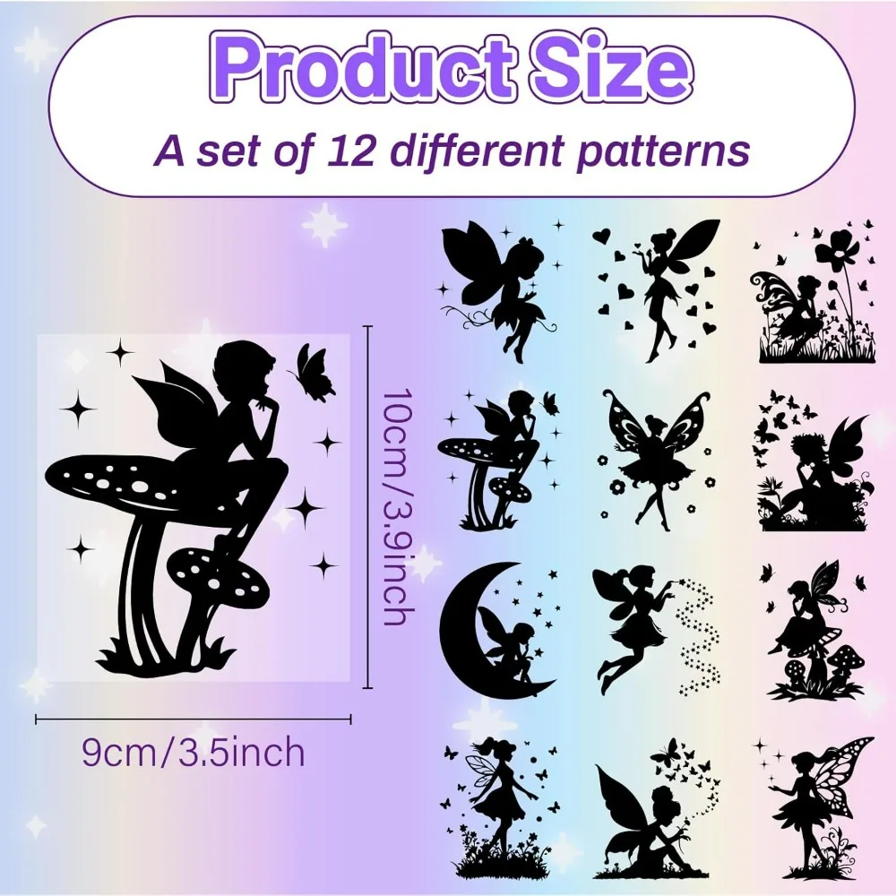 12Pcs Fairy Silhouettes Mason Jar Decor PVC Laser Die Cut Scrapbook Fairies Cardboard Cutouts Silhouette Ornament for DIY Light