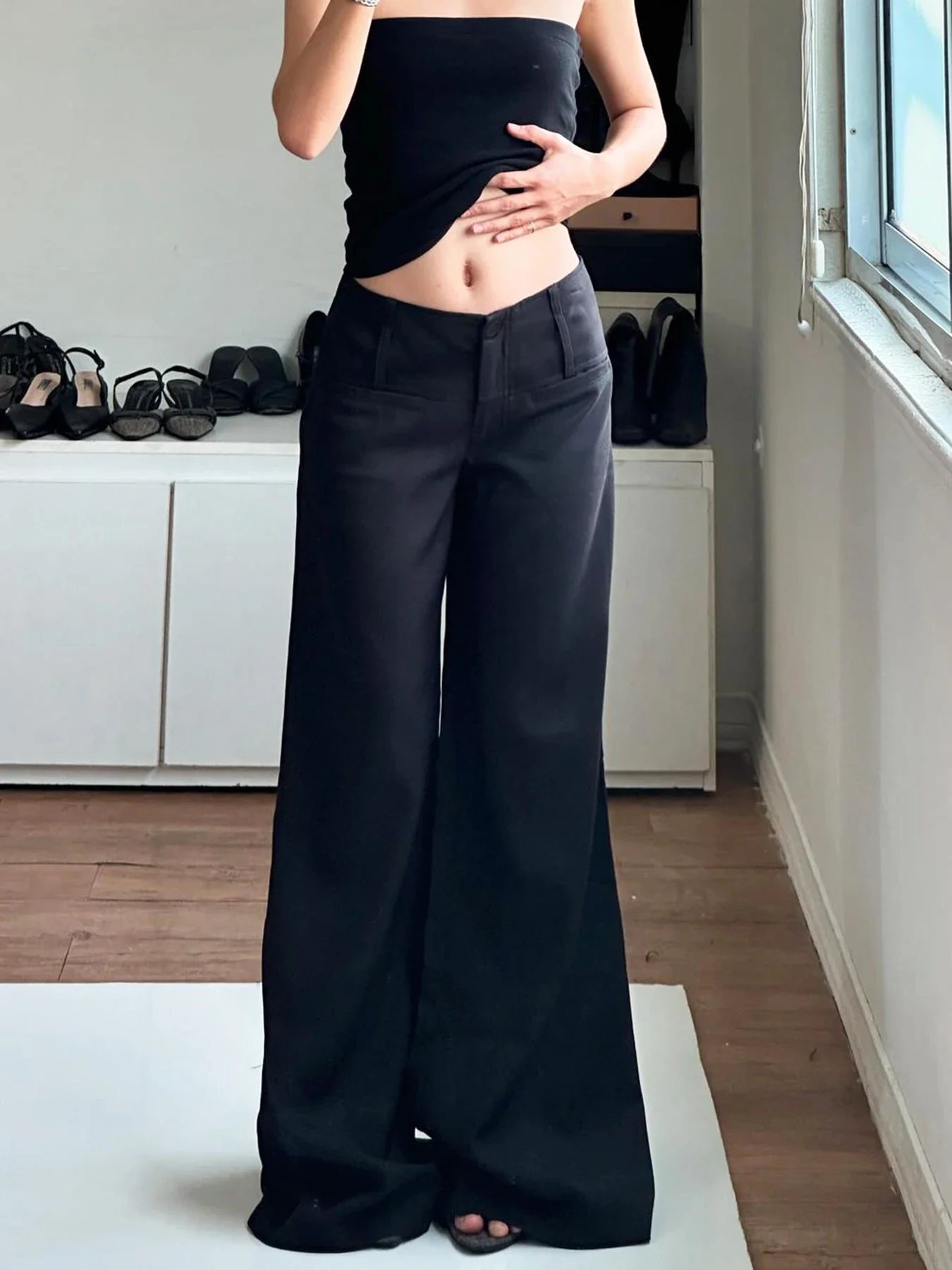 New Black Wide Leg Suit-pants Korean Fashion Low Rise Loose Casual Pants for Women y2k Streetwear Basic All-match Pants Lady