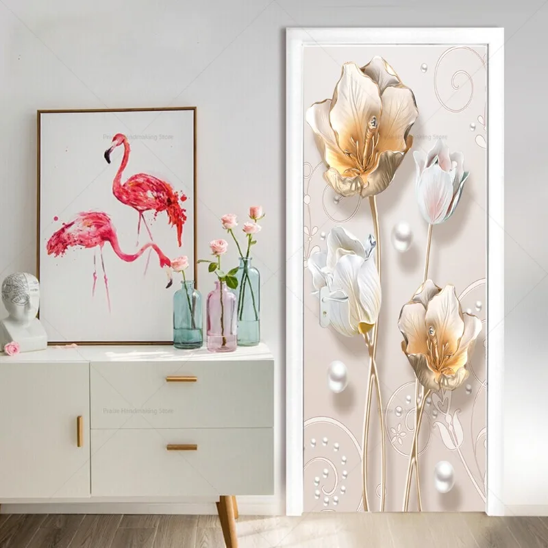 Vintage Chinese Flowers Home Decorative Mural PVC Waterproof That Peel Off Stickers Double Door Closet Refrigerator Door Sticker