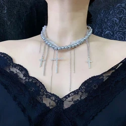 Elegant Faux Pearls Chain Necklace with Tassels Crucifix Pendant Neckchain for Fashionable Women Stylish Clavicle Chain