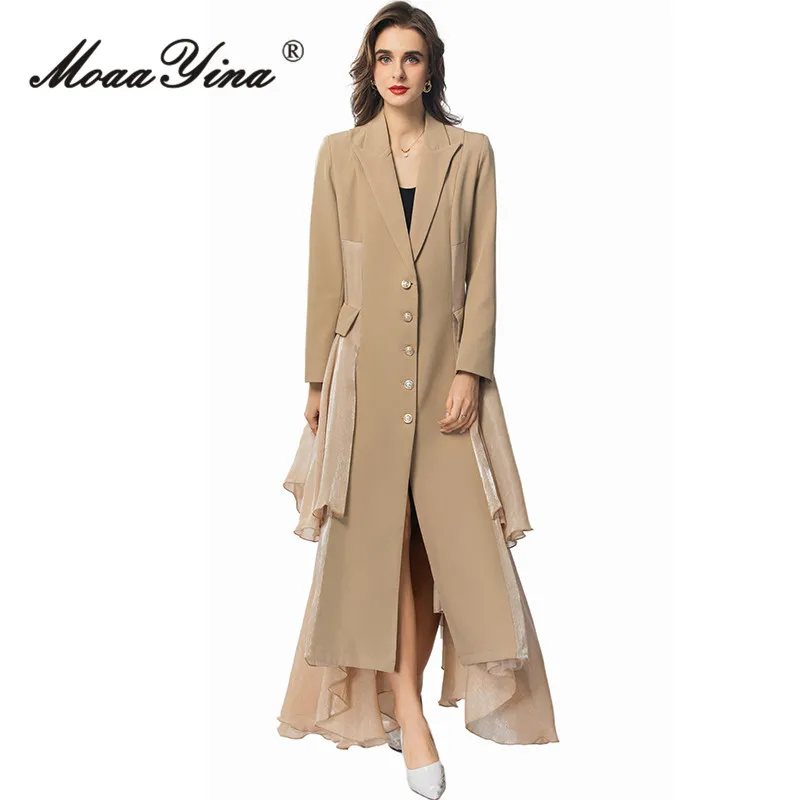 MoaaYina Autumn/Winter Fashion Women\'s Coat Long-sleeve Single-Breasted Flounced Edge Vintage Solid Color S-3XL Overcoat