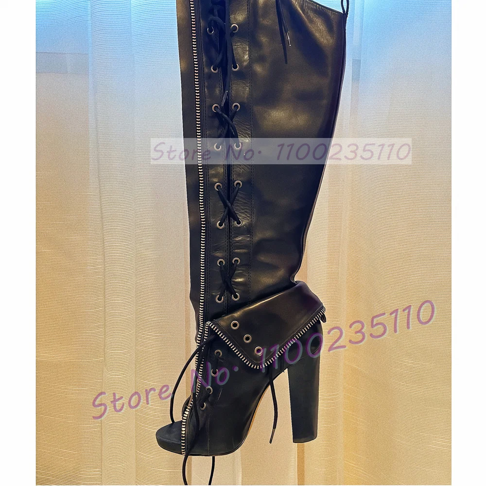 

Black Fold-over Collar Knee High Boots Women Sexy Open Toe Zipper Decor Patchwork Leather Tall Boots Ladies Cross Tied Shoes
