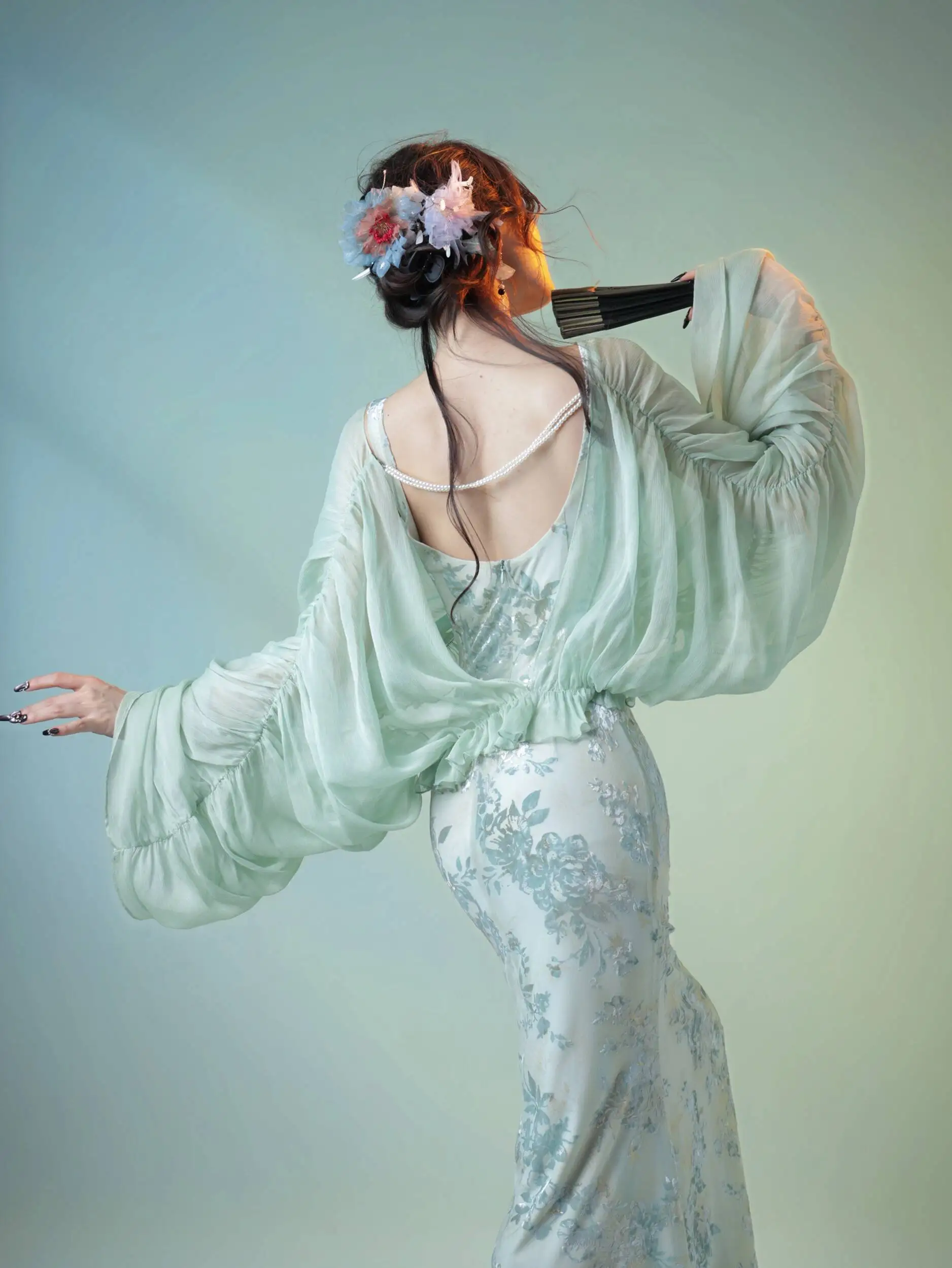 New Chinese Style Batwing Sleeve Powder Green Blue Chiffon Versatile Sunscreen Sun Protection Jacket Cheongsam view 3