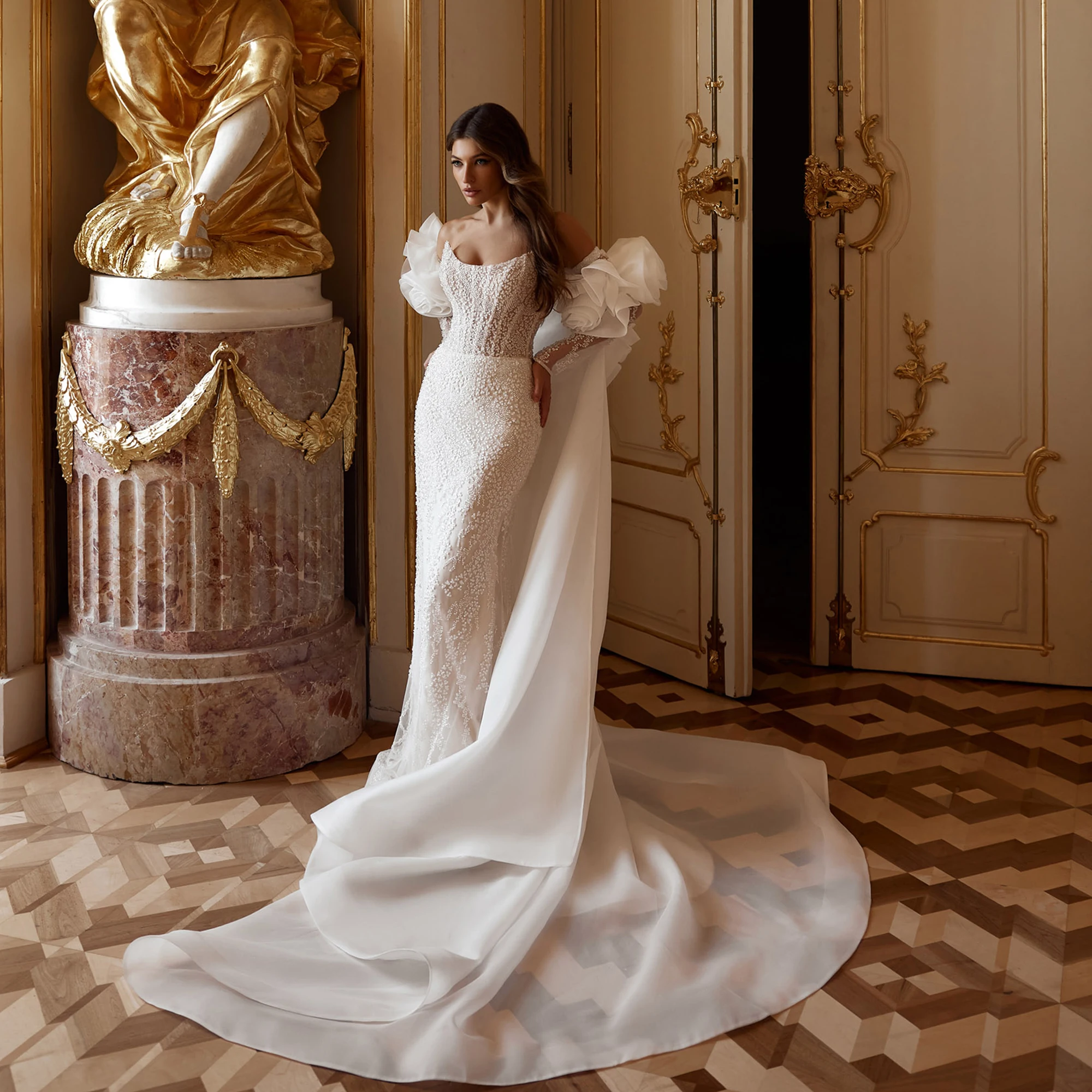 

Strapless Luxury Wedding Dress Sequin Mermaid Lace Up Long Sleeve Flowers Bridal Gown Woman Bride Dresses Robe Mariee Customized