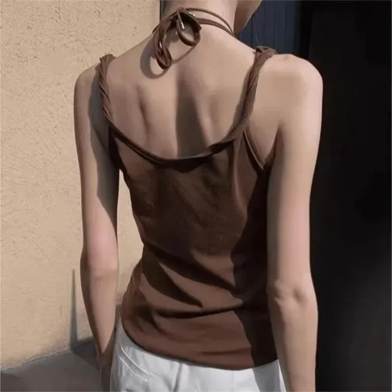 Solid Color Fake Two Piece Square Neck Camisole Women's 2025 Slim Sexy Design Pullover Top