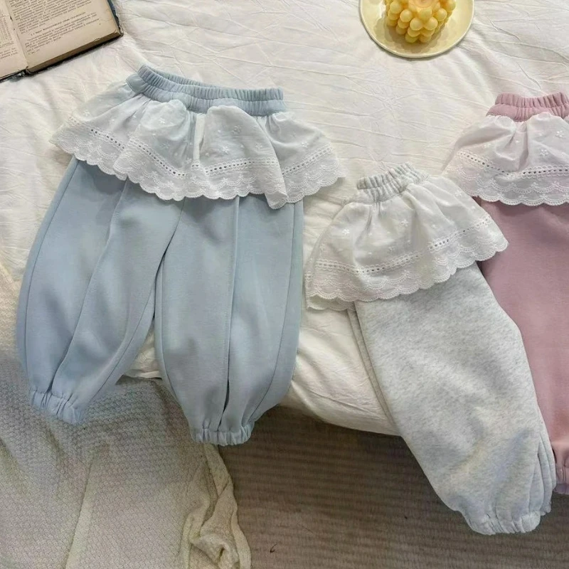 Girls' Autumn Pants 2025 New Stylish Lace Edge Splicing Children's Sports Pants Baby Girls' Casual Outerwear Pants