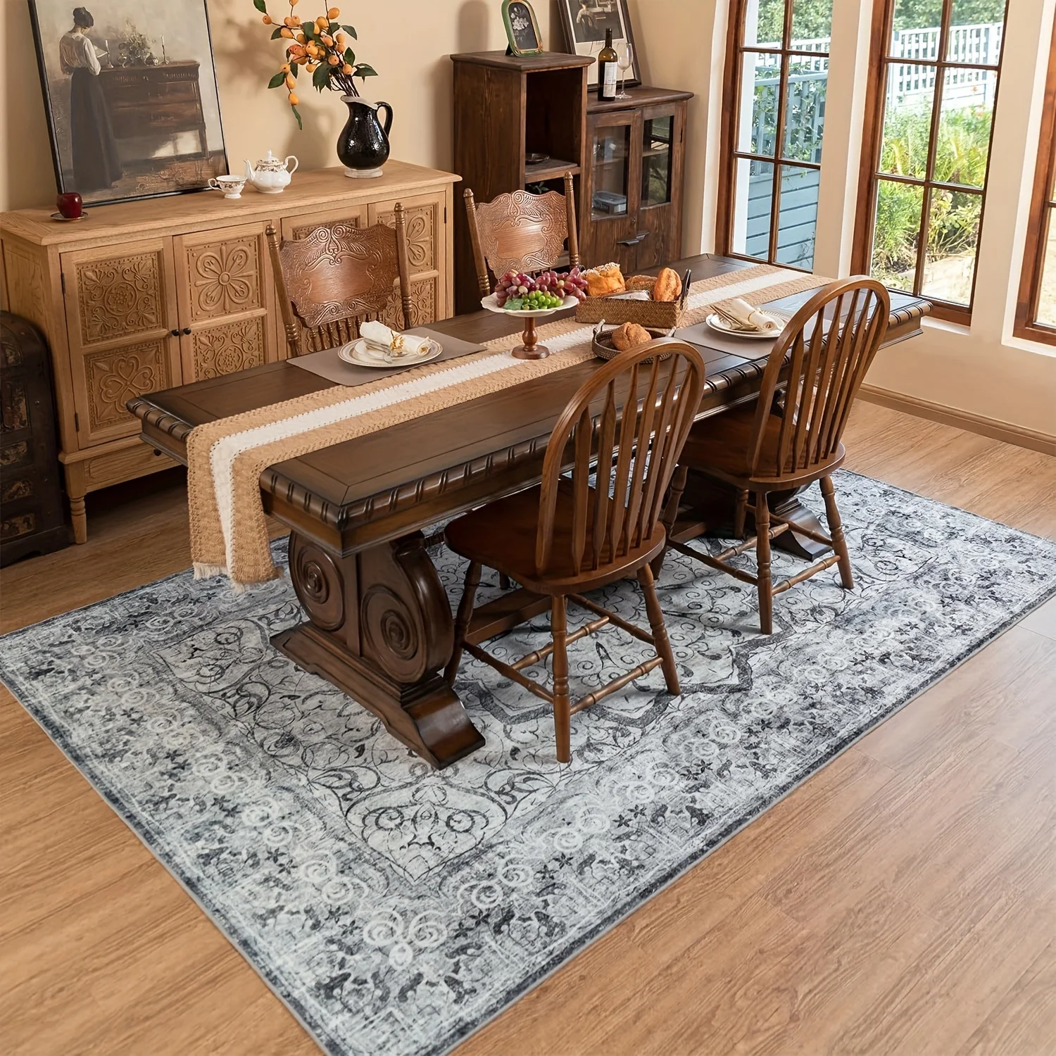1pc Grey Area Rug, Washable Area Rug, Soft Non-Slip Vintage Rug For Living Room, Low Pile Oriental Floral Distressed Rug Thin
