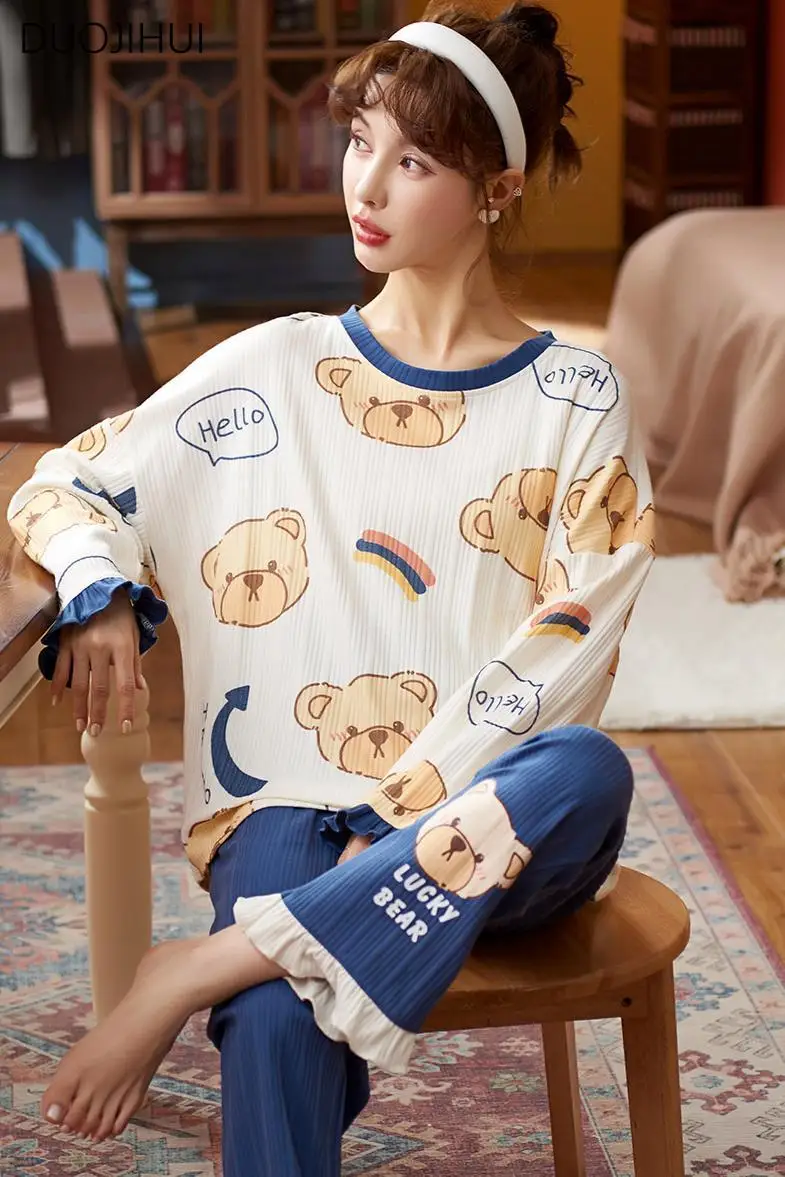 DUOJIHUI-Pyjama Coréen à Imprimé Chicly pour Femme, Ensemble Deux Pièces, Classique, Col Rond, Pantalon Simple, Mode Décontractée, Printemps