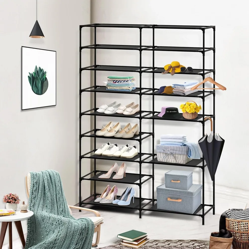 

Shoe Rack Organizer, 26-28 Pairs Shoe Storage Shelf, 2 Rows 9 Tier Fabric Shoes Rack, Tower Unit Shelf Durable Metal Pipes