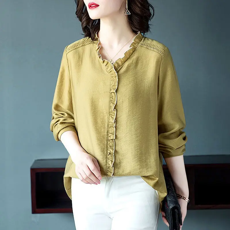 Simplicity Casual Women\'s Long Sleeve Shirt Spring Loose Fashion Spliced V-Neck All-match Solid Color Blouse Female Clothing