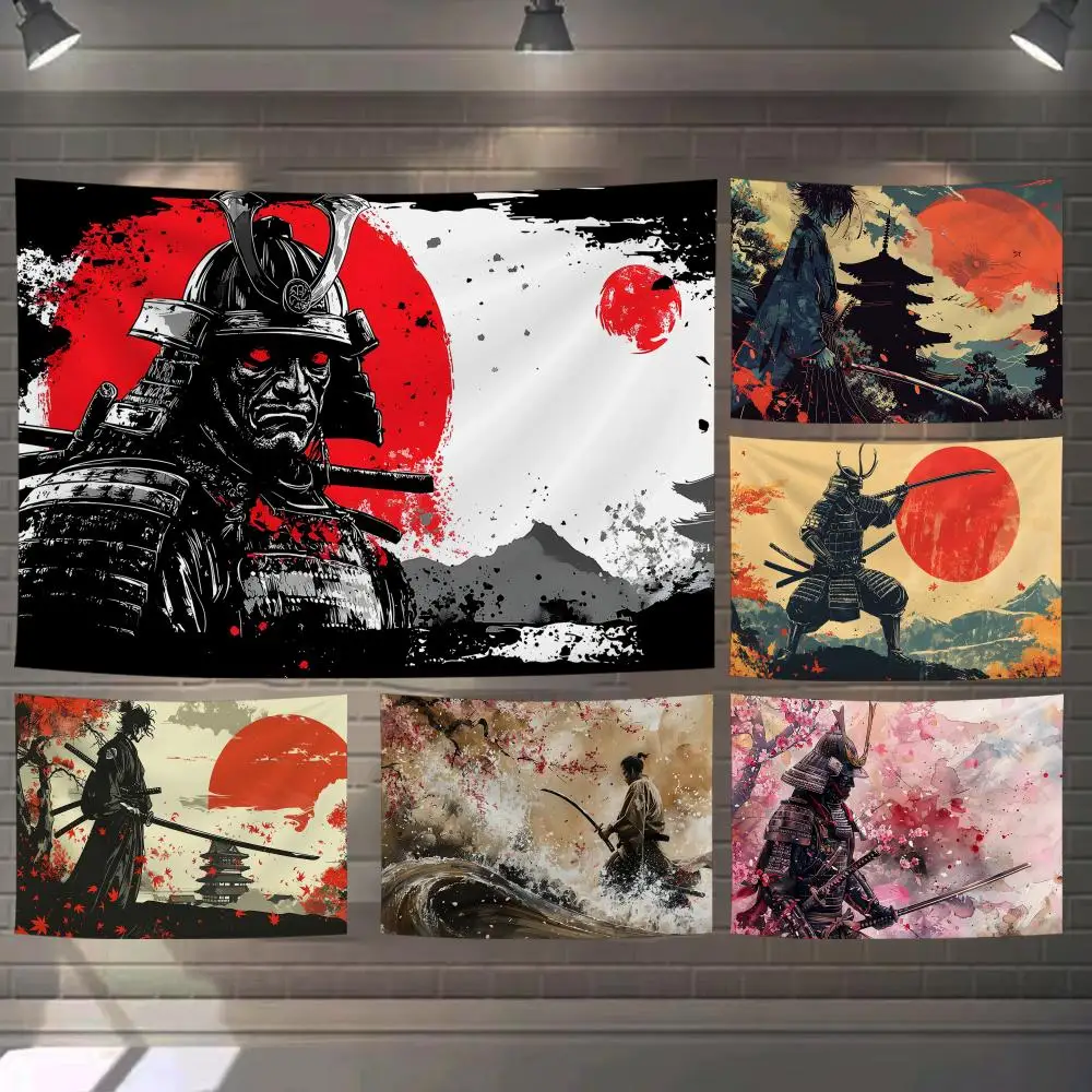 Vintage Samurai Art Tapestry Custom Living Bedroom Party Dormitory Interior Wall Bohemian Decoration Attached Clip