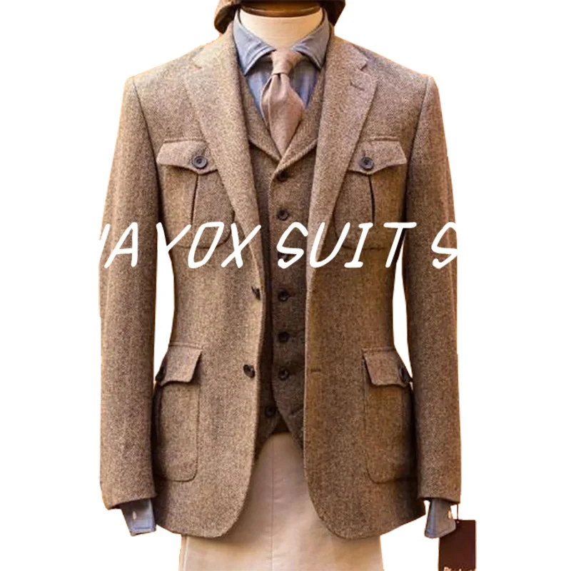 Tweed Men\'s Suit Jacket Vintage Single Breasted Business Formal Men Ensembles De Blazers For Wedding Costume Homme