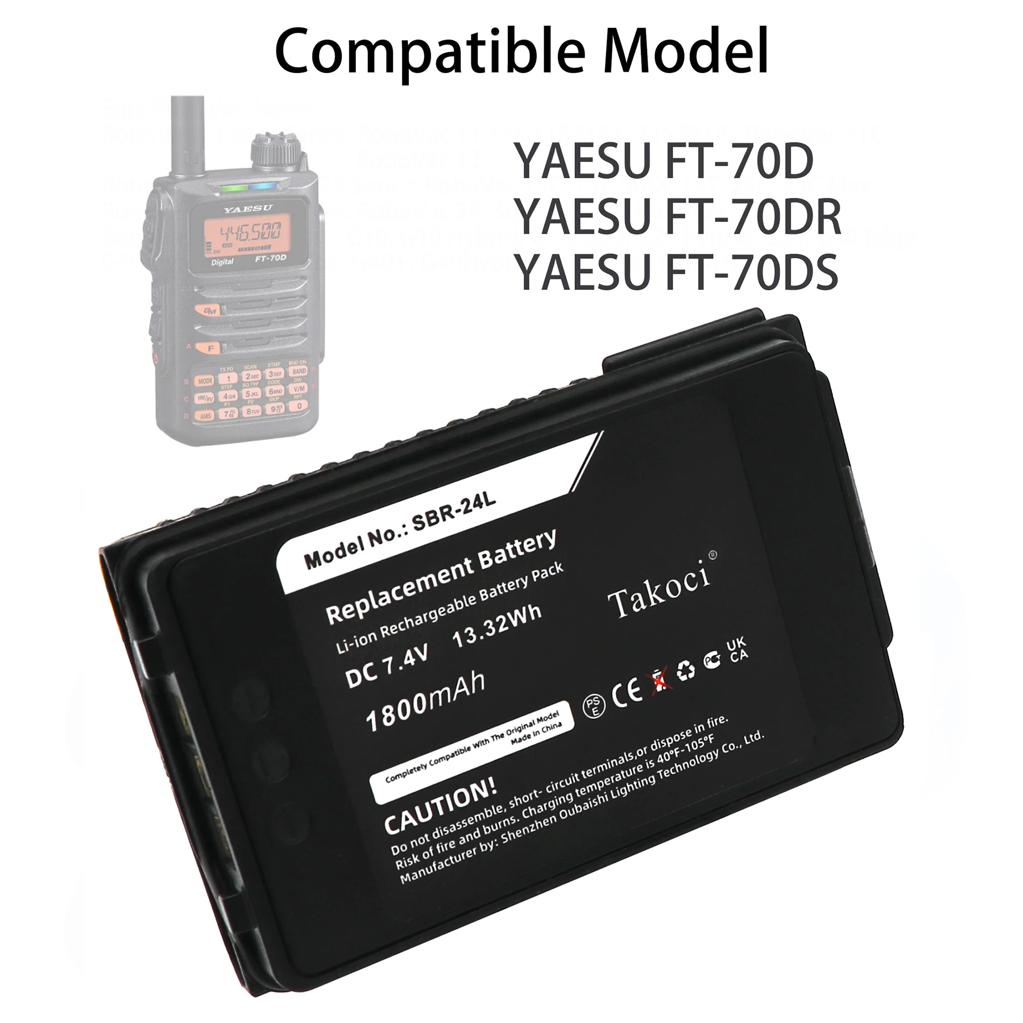 Replacement Battery for YAESU  FT-70D, FT-70DR, FT-70DS SBR-24L 7.4V/mA