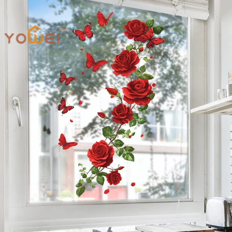 Latest 1pc Watercolor Romantic Rose Glass Stickers Suitable For Wall Decoration Bedroom Bathroom And Living Room