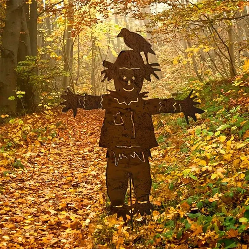 VOFUN-2X Scarecrows Garden Stake, Metal Yard Sign Fall Halloween Thanksgiving Outdoor Decoration Scarecrows Sculpture